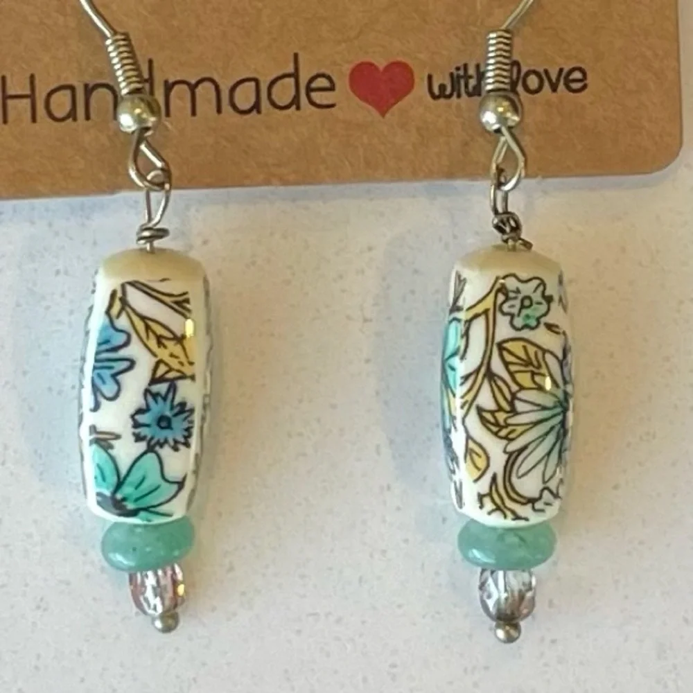 Handmade Floral Earrings with Blue Accents - Picture 1 of 5